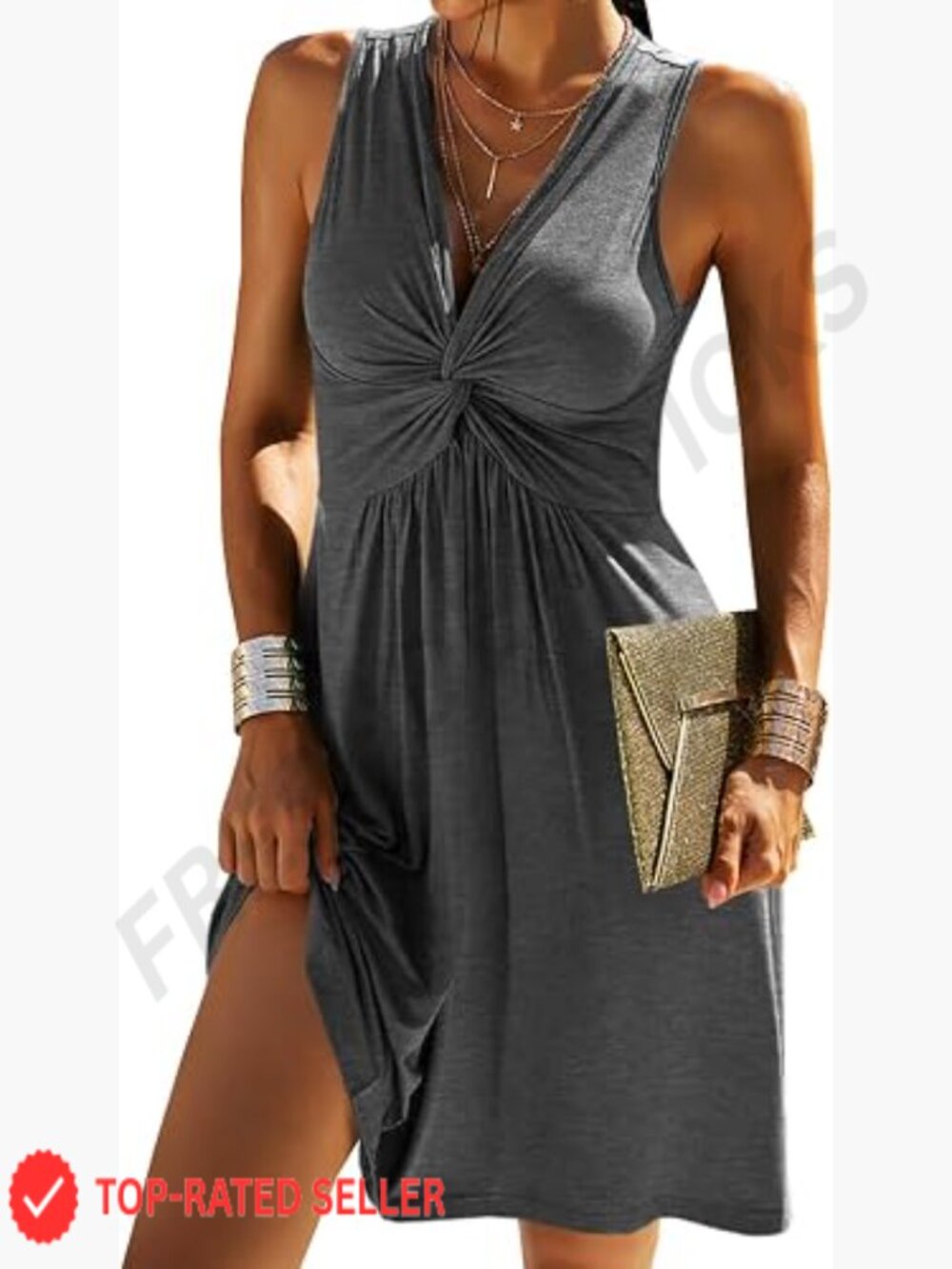 Sleeveless V Neck Knotted Tank Dress Summer Casual A Line Midi